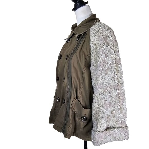 ANTHROPOLOGIE Hei Hei Sequin Sleeve Jacket Sz L Army Green Swing Double Breasted - Picture 13 of 13
